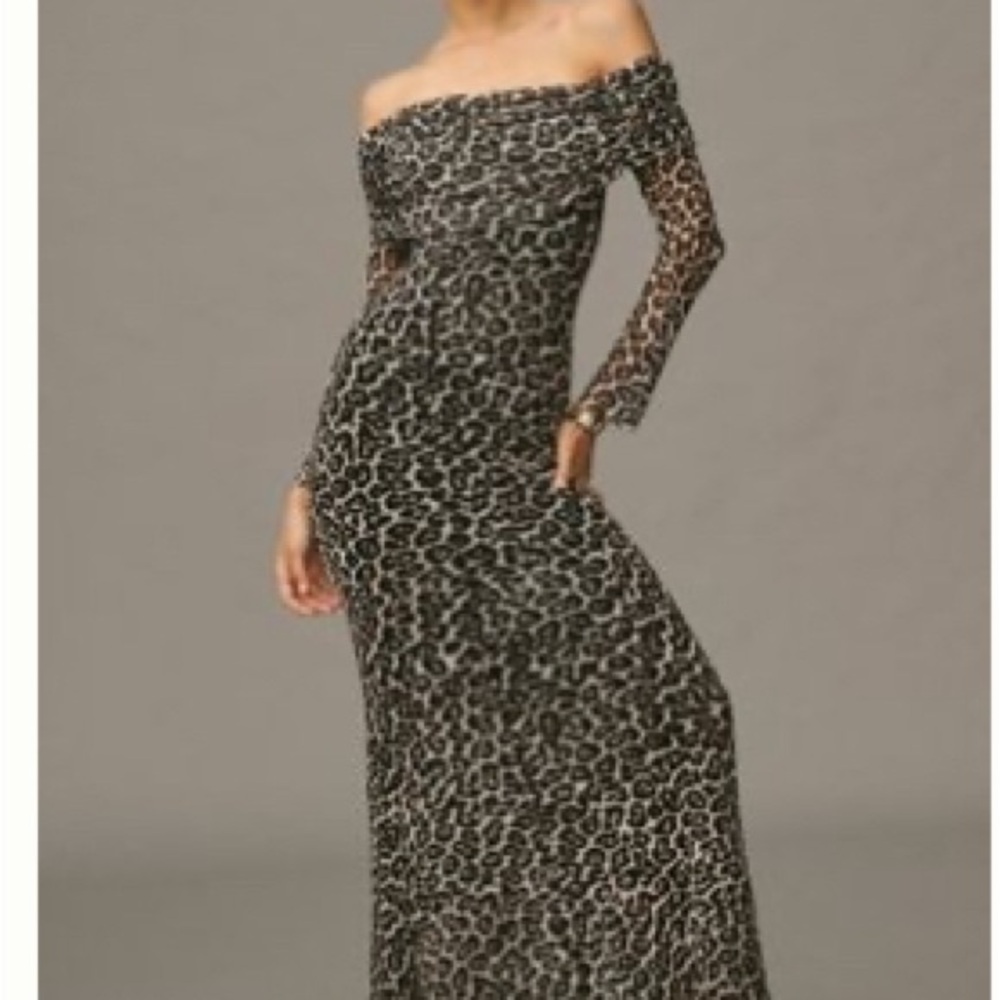 AFRM Black and Tan Off-Shoulder Long Sleeve Gown